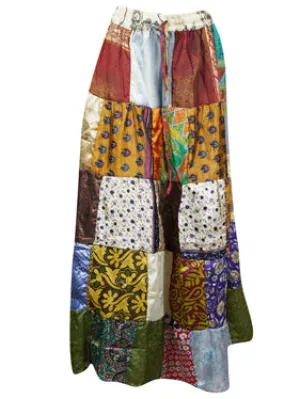 Womens Multicolor Patchwork Maxi Skirt, Recycle Silk Sari Summer Beach hippy Skirts S/M