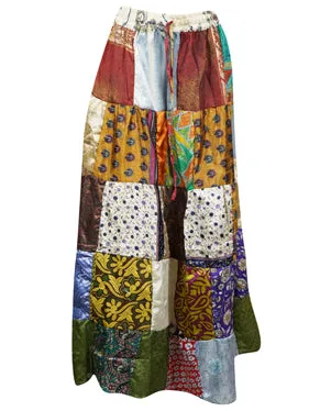 Womens Multicolor Patchwork Maxi Skirt, Recycle Silk Sari Summer Beach hippy Skirts S/M